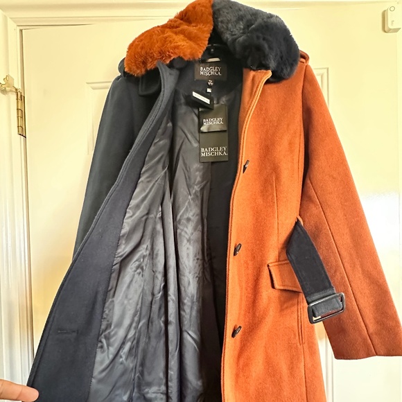 Brand new! Badgley Mischka Terry color blocking Cognac/Navy long coat. Size-M. - Picture 14 of 16